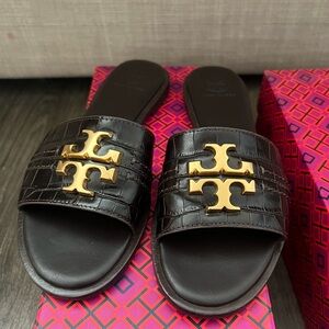 Tory Burch Brown Slides with Gold Emblem